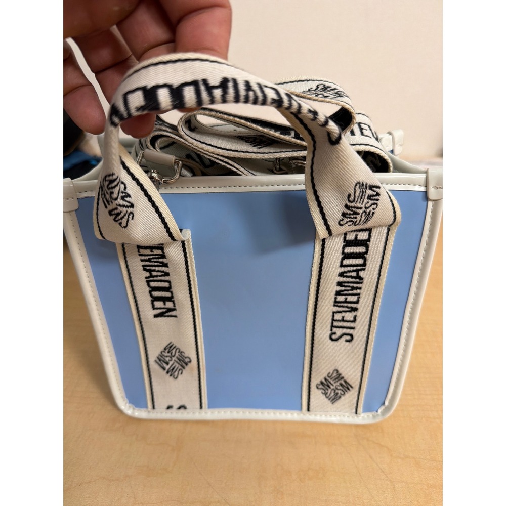 Steve Madden Small Tote Bag Light Blue White Logo Webbing Crossbody Handbag